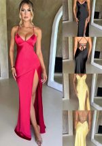 This Summer Women's Straps v-Neck Satin Slit Sexy Low Back Chic Slim Fit Long Dress Design Made Of High Quality Polyster And Spandex Material