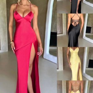 This Summer Women's Straps v-Neck Satin Slit Sexy Low Back Chic Slim Fit Long Dress Design Made Of High Quality Polyster And Spandex Material