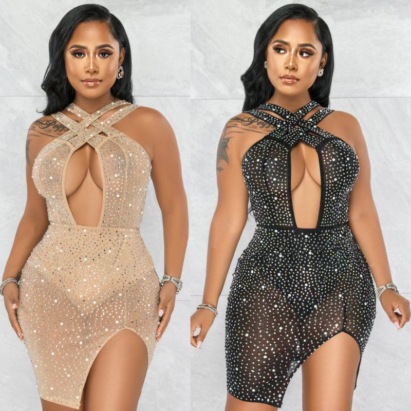 This Summer Women's Sexy Mesh Beaded Nightclub Party Dress Design Made Of High Quality Polyster And Spandex Material