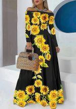 This Sunflower Print Loose Long Sleeve Summer Long Dress Design Made Of High Quality Polyster And Spandex Material