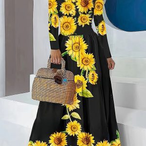 This Sunflower Print Loose Long Sleeve Summer Long Dress Design Made Of High Quality Polyster And Spandex Material