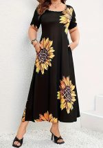 This Sunflower Print Loose Short Sleeve Summer Long Dress Design Made Of High Quality Polyster And Spandex Material