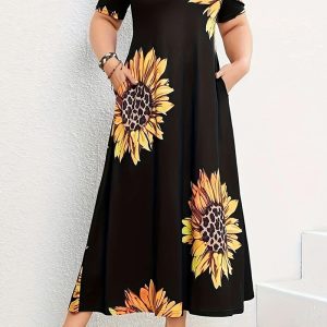 This Sunflower Print Loose Short Sleeve Summer Long Dress Design Made Of High Quality Polyster And Spandex Material