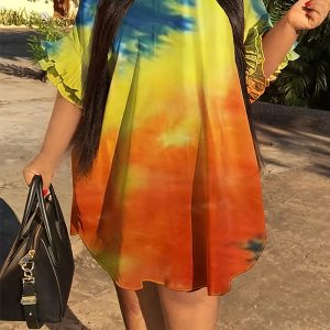 This Tie Dye Printed Ruffle Short Sleeve Plus Size Dress Made Of Soft And Elastic Fabric. Global Lover Wholesale Plus Size Dresses And Hope Curvy Ladies Find Here a Warm And Exciting Place To Shop Affordable Curvy Dresses Online - Plus Size Casual