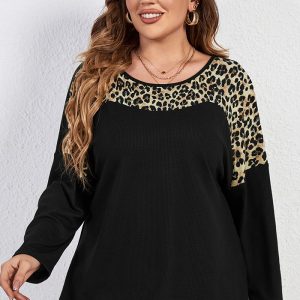 This Trendy Chic Leopard Print Long Sleeve Round Neck Plus Size Top Women Made Of Comfortable And Elastic Fabric. It Is Wholesale Sexy Plus Size Tops For Women. With The Gradual Rise Of Feminist Awareness