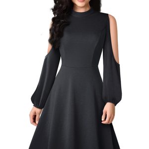 This Trendy Chic Women's Solid Cutout Long Sleeve Fit Patchwork Spring a-Line Dress Design Made Of High Quality Polyster And Spandex Material. It Is Stretchy