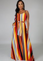 This Trendy Loose Plus Size Printed Stripe Strap Dress Design Made Of High Quality Polyster And Spandex Material