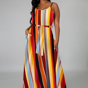 This Trendy Loose Plus Size Printed Stripe Strap Dress Design Made Of High Quality Polyster And Spandex Material