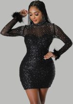 This Trendy See-Through Beaded Sequined Long Sleeve Feather Nightclub Party Bodycon Dress Design Made Of High Quality Polyster And Spandex Material