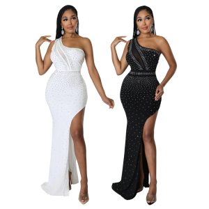 This Trendy Sexy Slash Shoulder Slim Waist High Slit Open Back Bodycon Beaded Party Dress Design Made Of High Quality Polyster And Spandex Material