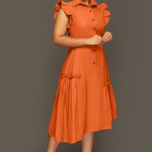 This Trendy Shirt Collar Irregular Ruffle Edge Swing Dress Design Made Of High Quality Polyster And Spandex Material. It Is Stretchy