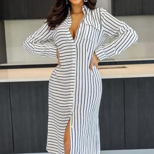 This Turndown Collar Shirt Stripe Chic Patchwork Long Sleeve Women's Shirt Dress Design Made Of High Quality Polyster And Spandex Material