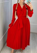 This v-Neck Chic Elegant Slim Waist Belted Pleated High Waist Plus Size Dress Design Made Of High Quality Polyster And Spandex Material