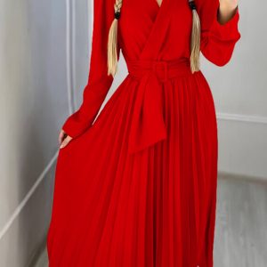 This v-Neck Chic Elegant Slim Waist Belted Pleated High Waist Plus Size Dress Design Made Of High Quality Polyster And Spandex Material