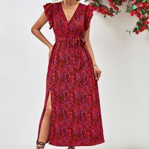 This v-Neck Slit Print Casual Long Dress Design Made Of High Quality Polyster And Spandex Material. It Is Stretchy