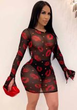 This Valentine's Day Women's See-Through Mesh Red Lips Print Nightclub Dress Design Made Of High Quality Polyster And Spandex Material