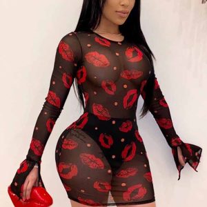 This Valentine's Day Women's See-Through Mesh Red Lips Print Nightclub Dress Design Made Of High Quality Polyster And Spandex Material