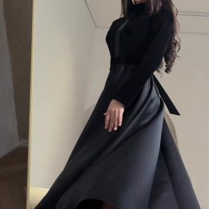 This Velvet Slim Fit Slim Waist Black Round Neck Long Sleeve Dress For Women Design Made Of High Quality Polyster And Spandex Material