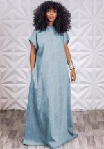 This Vintage Loose Deep v Low Back Long Denim Dress Design Made Of High Quality Polyster And Spandex Material