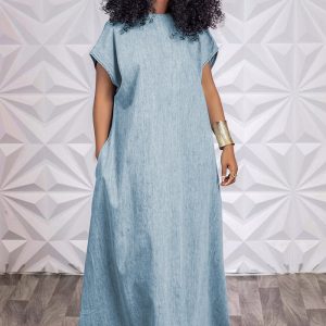 This Vintage Loose Deep v Low Back Long Denim Dress Design Made Of High Quality Polyster And Spandex Material