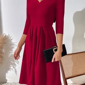 This White-Collar Sexy Fashion Solid Color v-Neck Women's a-Line Dress Design Made Of High Quality Polyster And Spandex Material. It Come With Good Stretch And Wearing Comfortable. Women¡¯s Midi Dresses Is Omnipotent And Suit For All Kinds Of Occasions - Daily Wear