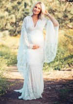 This White Sexy Deep v-Neck Bell Bottom Sleeve See-Through Lace Tight Fitting Trailing Dress Made Of Soft And Comfortable Material. It Is a Must-Have Item For Pregnant Women. Global Lover Offer Newest Wholesale Maternity Dresses And Hope Pregnant Ladies Find Here a Warm And Exciting Place To Shop Affordable Pregnant Dresses - Pregnant Casual Dresses