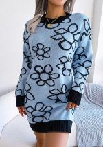 This Wind Autumn And Winter Contrast Color Flower Long Sleeve Basic Knitting Sweater Dress Combine The Warm And Fashion. It Is a Must-Have Item For This Winter. Sweater Dresses For Women At Global Lover Comes For Different Occasions - Daily Life