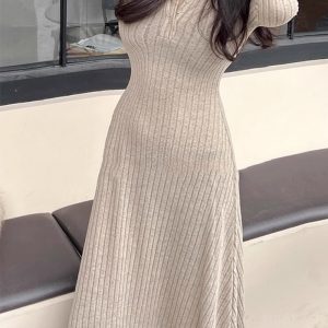 This Winter Chic Slim Fit Ribbed v-Neck Knitting Dress Long Basic Dress Combine The Warm And Fashion. It Is a Must-Have Item For This Winter. Sweater Dresses For Women At Global Lover Comes For Different Occasions - Daily Life