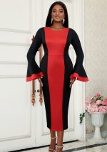 This Winter Contrast Color Block Elegant Bell Bottom Sleeve Dress Design Made Of High Quality Polyster And Spandex Material. It Come With Good Stretch And Wearing Comfortable. Women¡¯s Midi Dresses Is Omnipotent And Suit For All Kinds Of Occasions - Daily Wear