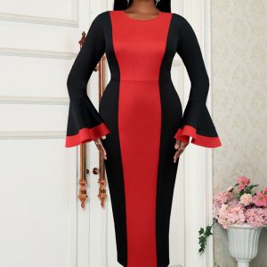 This Winter Contrast Color Block Elegant Bell Bottom Sleeve Dress Design Made Of High Quality Polyster And Spandex Material. It Come With Good Stretch And Wearing Comfortable. Women¡¯s Midi Dresses Is Omnipotent And Suit For All Kinds Of Occasions - Daily Wear