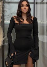 This Winter Women Solid Bell Bottom Long Sleeve Slit Sexy Bodycon Dress Design Made Of High Quality Polyster And Spandex Material. It Is Stretchy