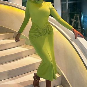 This Winter Women's High Neck Long Sleeve Fashion Chic Pleated Slim Fit Midi Dress Design Made Of High Quality Polyster And Spandex Material. It Come With Good Stretch And Wearing Comfortable. Women¡¯s Midi Dresses Is Omnipotent And Suit For All Kinds Of Occasions - Daily Wear