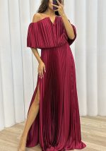 This Winter And Spring Pleated Off Shoulder Slit Elegant Sexy Dress For Women Design Made Of High Quality Polyster And Spandex Material