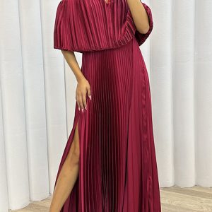 This Winter And Spring Pleated Off Shoulder Slit Elegant Sexy Dress For Women Design Made Of High Quality Polyster And Spandex Material