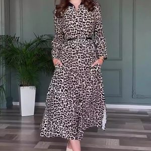 This Women Autumn Elegant Belted Leopard Print Dress Design Made Of High Quality Polyster And Spandex Material. It Is Stretchy