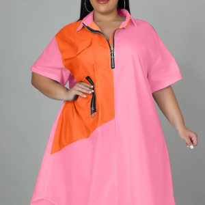 This Women Pink Casual Turn-down Collar Half Sleeves Color Blocking Zippers Midi Loose Plus Size Dresses made of soft and elastic fabric. Global Lover wholesale plus size dresses and hope curvy ladies find here a warm and exciting place to shop affordable curvy dresses online - plus size casual