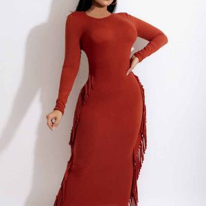 This Women Autumn Solid Color Round Neck Long Sleeve Fringe Dress Design Made Of High Quality Polyster And Spandex Material