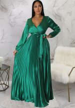 This Women Autumn v-Neck Balloon Sleeve Pleated Dress Design Made Of High Quality Polyster And Spandex Material