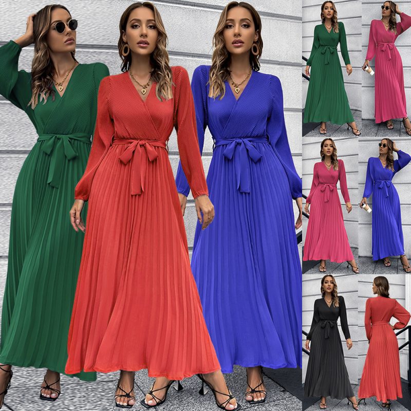 This Women Autumn v-Neck Long Sleeve Pleated Maxi Dress Design Made Of High Quality Polyster And Spandex Material