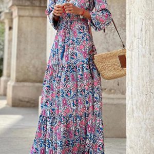 This Women Autumn v-Neck Long Sleeve Maxi Bohemian Dress Design Made Of High Quality Polyster And Spandex Material