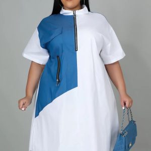 This Women White Casual Turn-down Collar Half Sleeves Color Blocking Zippers Midi Loose Plus Size Dresses made of soft and elastic fabric. Global Lover wholesale plus size dresses and hope curvy ladies find here a warm and exciting place to shop affordable curvy dresses online - plus size casual