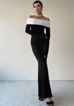 This Women Autumn And Winter Contrast Color Off Shoulder Off Shoulder Long Sleeve Maxi Dress Design Made Of High Quality Polyster And Spandex Material