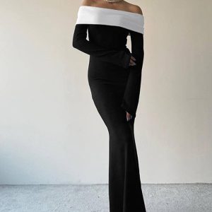 This Women Autumn And Winter Contrast Color Off Shoulder Off Shoulder Long Sleeve Maxi Dress Design Made Of High Quality Polyster And Spandex Material