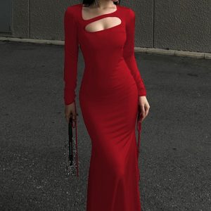 This Women Autumn And Winter Solid Long Sleeve Pleated Sexy Hollow Backless Dress Design Made Of High Quality Polyster And Spandex Material