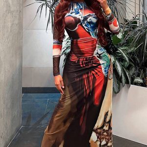 This Women Autumn And Winter Street Sexy Bodycon Printed Maxi Dress Design Made Of High Quality Polyster And Spandex Material