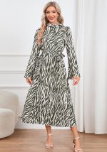 This Women Bell Bottom Sleeve Stand Collar Leopard Dress Design Made Of High Quality Polyster And Spandex Material. It Come With Good Stretch And Wearing Comfortable. Women¡¯s Midi Dresses Is Omnipotent And Suit For All Kinds Of Occasions - Daily Wear