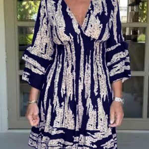 This Women Bell Bottom Sleeve v-Neck Printed Dress Design Made Of High Quality Polyster And Spandex Material. It Is Stretchy