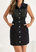 This Women Black Beaded Denim Sleeveless Dress Design Made Of High Quality Polyster And Spandex Material. It Is Stretchy