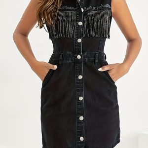 This Women Black Beaded Denim Sleeveless Dress Design Made Of High Quality Polyster And Spandex Material. It Is Stretchy