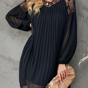 This Women Black Pleated Patchwork Lace Short Dress Design Made Of High Quality Polyster And Spandex Material. It Is Stretchy